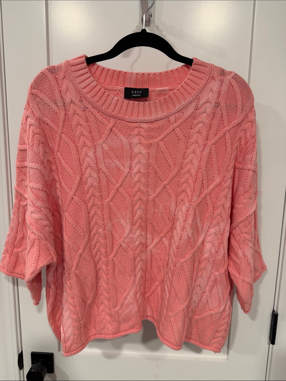 VICI Coral Pink Cable Knit Crewneck Sweater